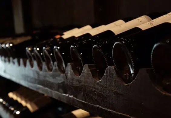 wine bottles on shelves in a wine cellar